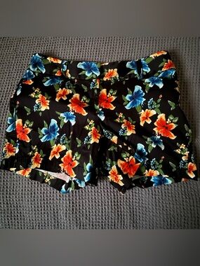 Black Floral Tropical Print Shorts - Bright Blue & Orange Flowers